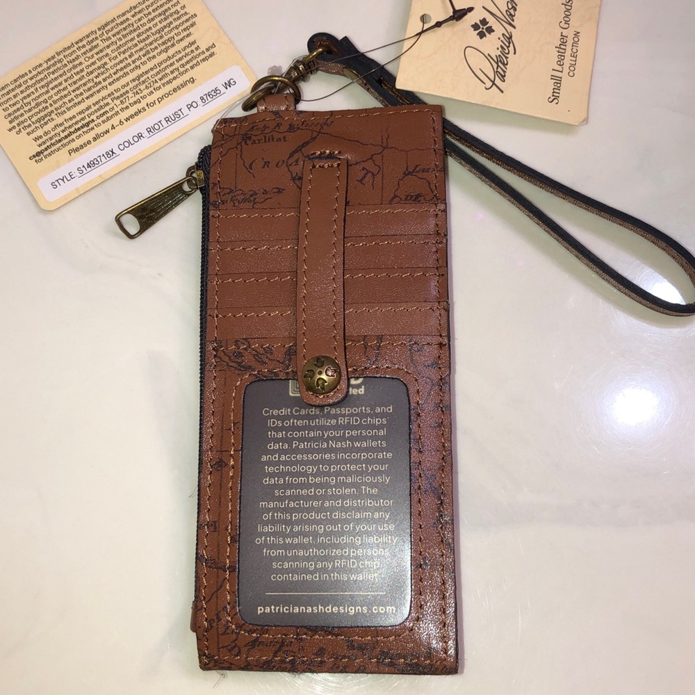 Patricia Nash Alanna Signature Map Print Leather Card Wallet Color Riot Rust NWT - Picture 7 of 16